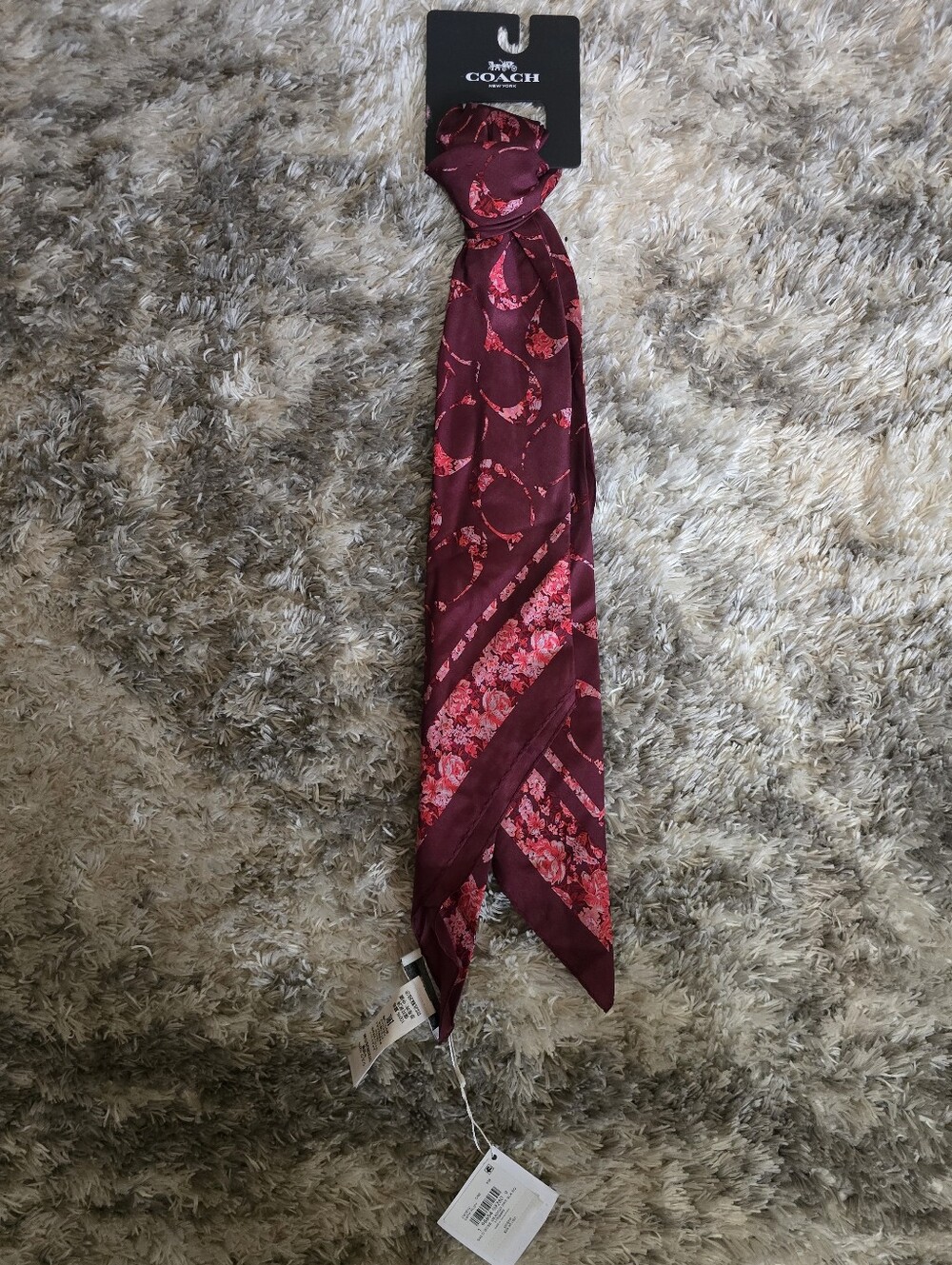 Coach Women's Burgundy Floral Silk Scarf Tie